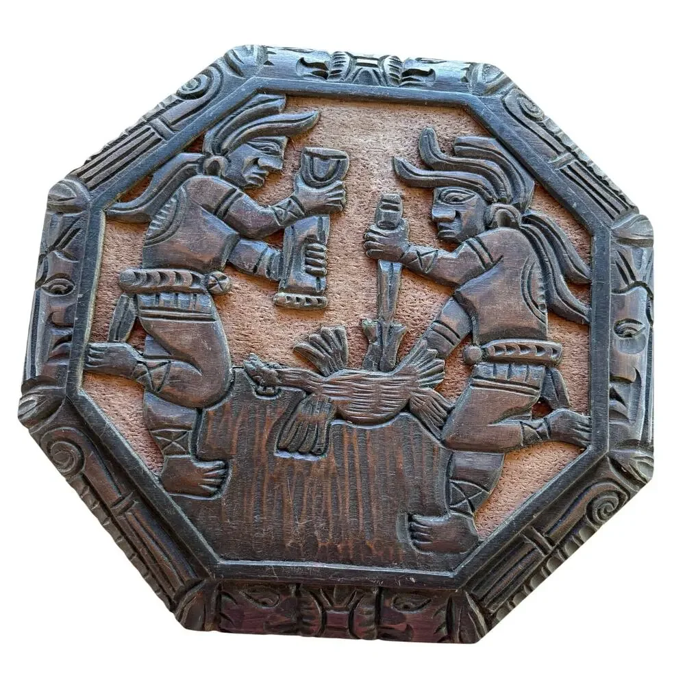 VINTAGE Guatemala Mayan Carved Wood Wall Plaque Folk Art 14.5 Hanging Decor Wall